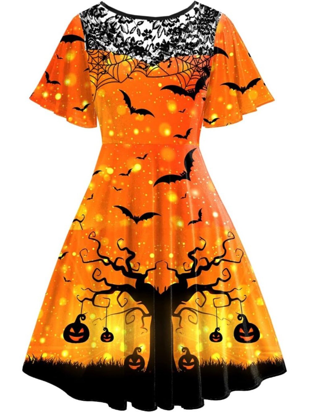 Women's Pumpkin Orange Halloween Dress Lace Flutter Sleeve A-Line Party Dresses